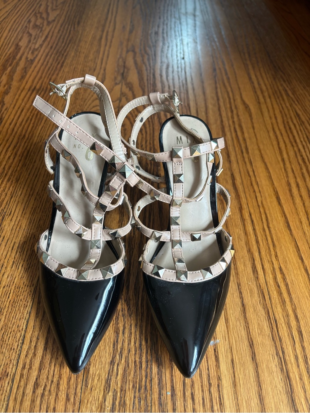 Mix No. 6 Black Patent Pointed Pumps with Nude Studded Straps